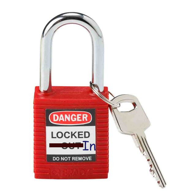 A red padlock with a sticker that says "Danger Locked In, Do not remove"
